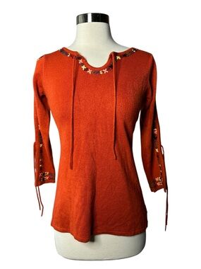 52 Weekends Orange Floral Trim Knit Sweater Top S